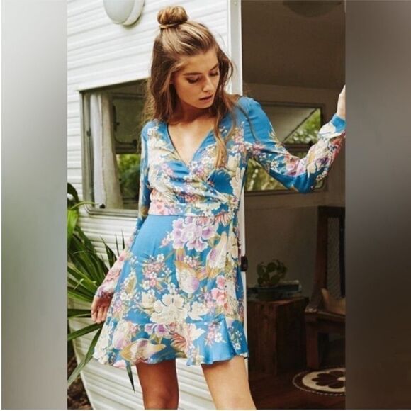 Spell and The Gypsy Blue Skies Floral Bird Print Wrap Dress